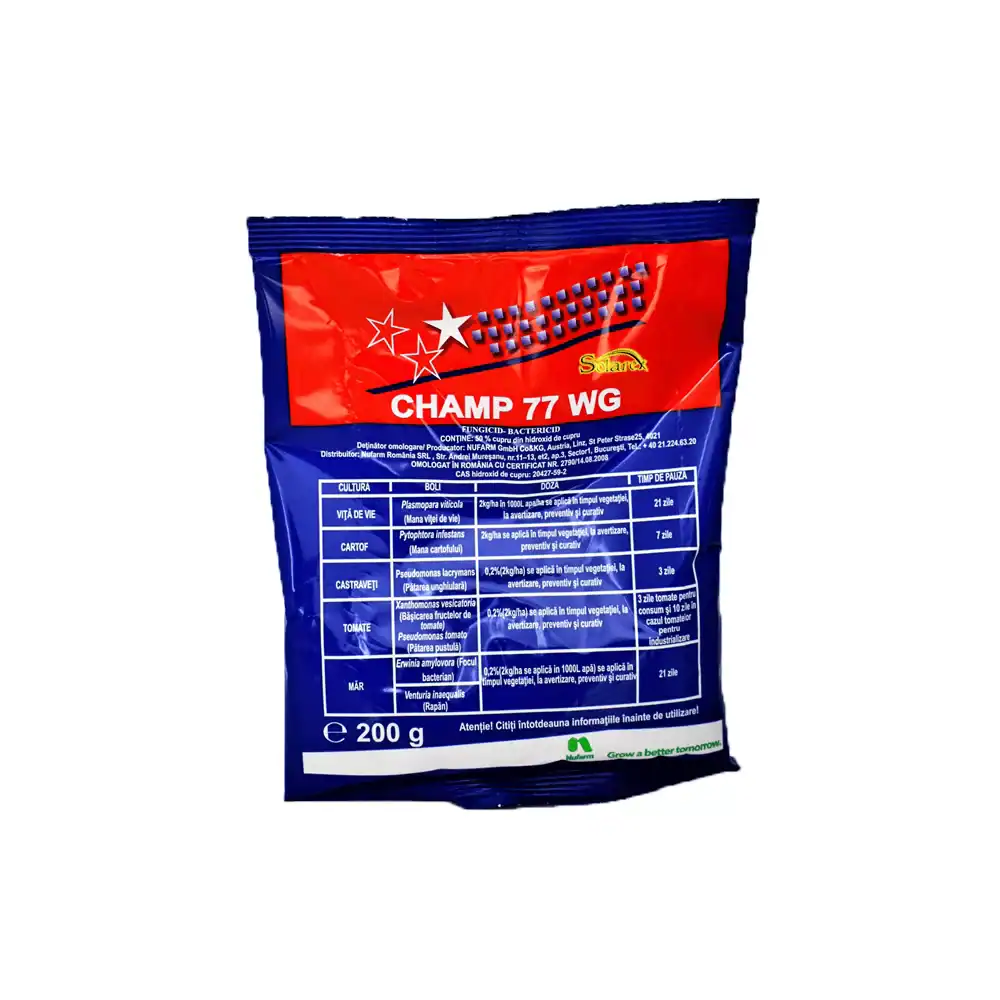 Fungicid Champ 77 WG – 200 g, Cupru, Tratament pomi, Vita de vie, Mana, Rapan