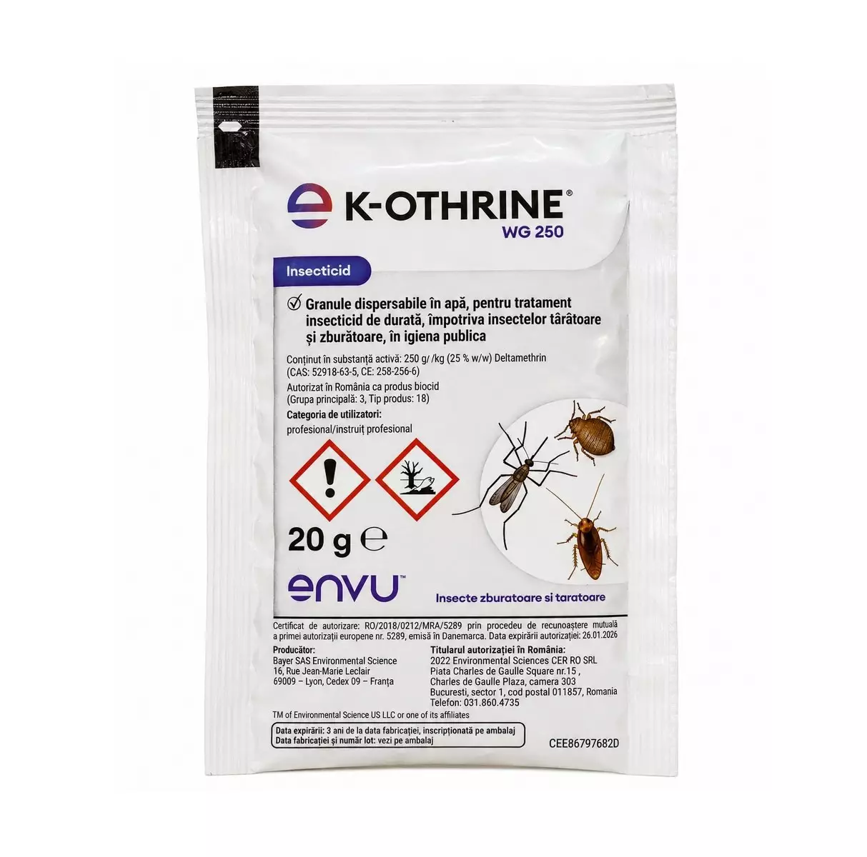 Insecticid K-Othrine WG 250 Plic 20 g – Soluție Profesională pentru Dezinsecție Împotriva Gândacilor, Plosnițelor și Țânțarilor