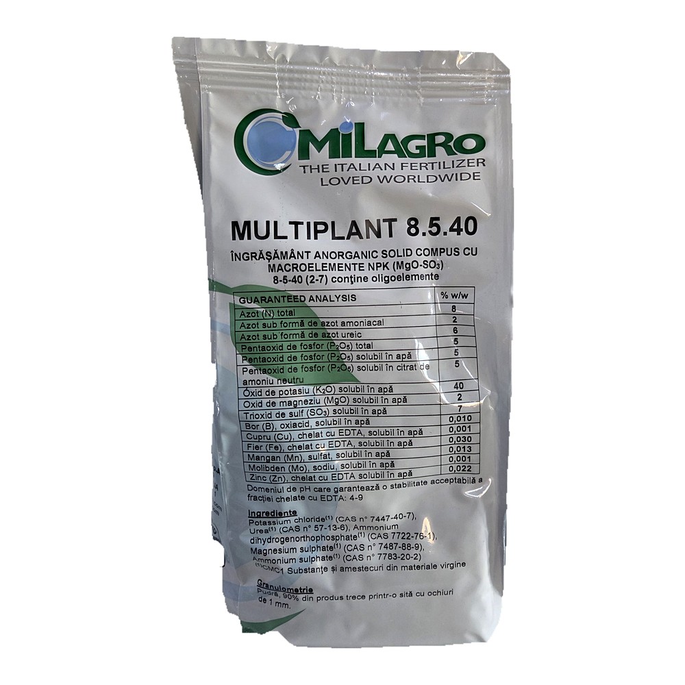 Îngrășământ Solubil Multiplant 08.05.40 + 2 MgO 1 kg – Fertilizant NPK cu Potasiu Ridicat pentru Coacere, Calibru și Zaharuri